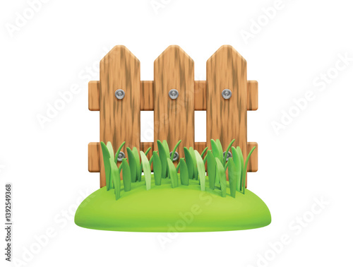 wooden fence in a green lawn with grass icon 3d rendering illustration. Garden fence icon 3d 
