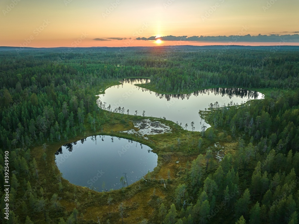 Fototapeta premium Aerial view of forest and lakes at sunset.