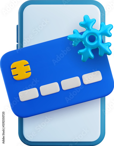 Vector cartoon 3d freeze credit card mobile banking concept. Realistic 3d render credit card with blue snowflake sign on smartphone screen. Safety blocked credit card, personal identification concept.