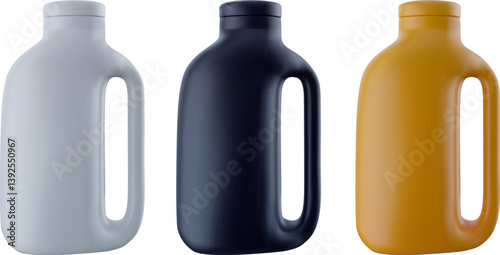Empty plastic canister with cap for household cleaning chemical or industrial liquid in 3d realistic style. Glossy design element different color for mockup branding. Vector illustration.