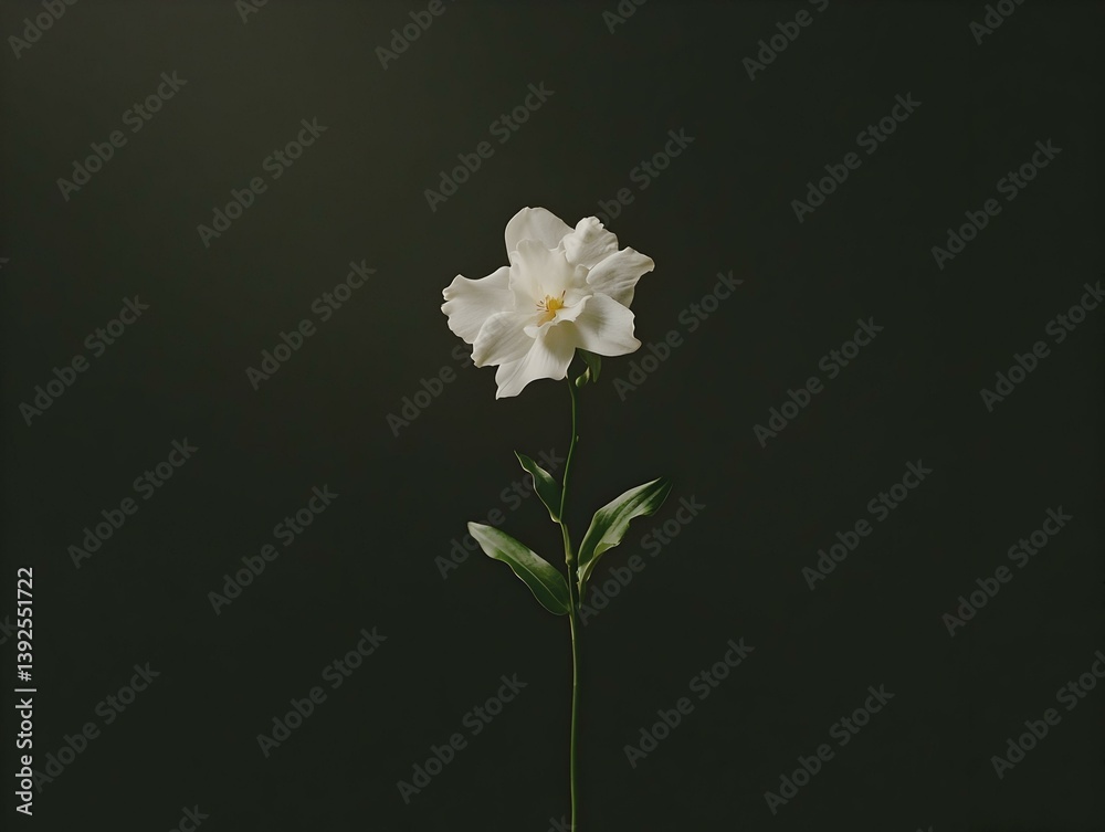 Obraz premium Single white flower on dark background. Minimalist floral photography. Elegant, simple, and serene. Perfect for greeting cards, websites, and social media.