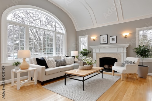 A property listing photo of a staged living room with neutral tones and natural light