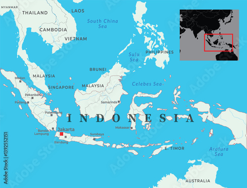 Indonesia map with capital Jakarta, most important cities and national borders