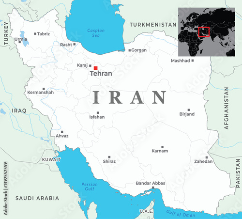 Iran political map, capital Tehran, with national borders