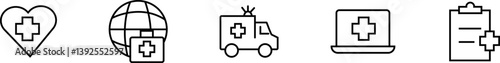 Medical emergency and telehealth icon set – heart care, global health network, ambulance service, digital diagnosis, and patient records with transparent background.