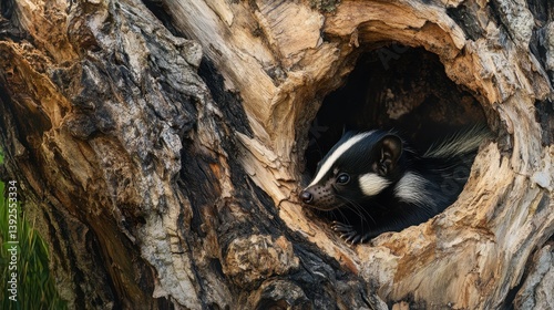 A striped skunk peeks out from a dark, weathered tree hollow, its curious face framed by the rough wood
