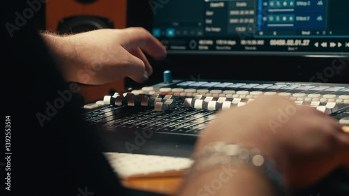 Sound engineer in studio making music, asian popular DJ working in radio broadcasting studio or music producer working in recording studio, rehearsal room, audio production with mixer.