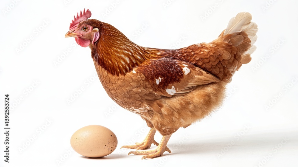 Fototapeta premium A reddish-brown hen stands beside a single, pale brown egg on a white background. The bird is fully feathered and appears alert