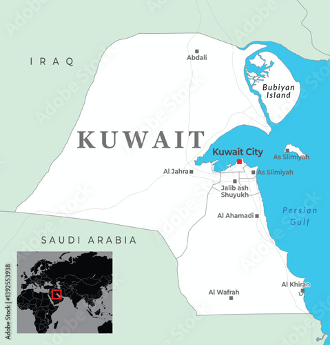 Kuwait Political Map with capital Kuwait city, most important cities with national borders