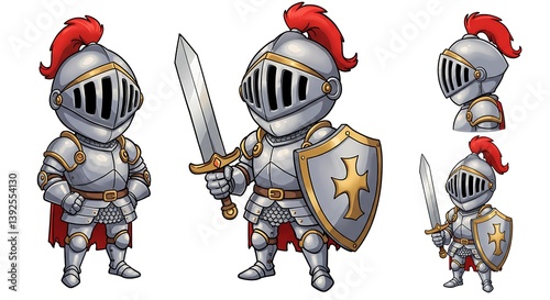 Cartoon Knights in Shining Armor with Swords and Shield Illustration