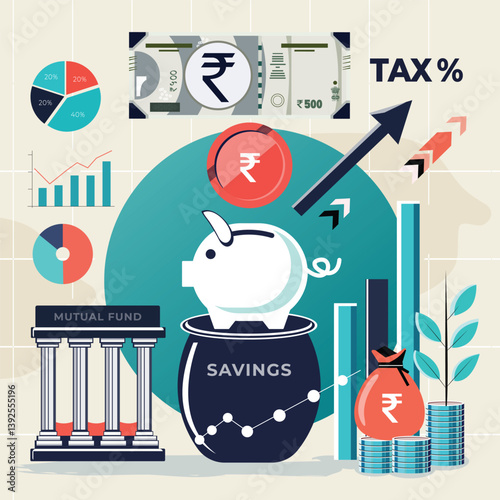 Mutual fund investment with rupee coins, tax elements, and upward financial growth indicators
