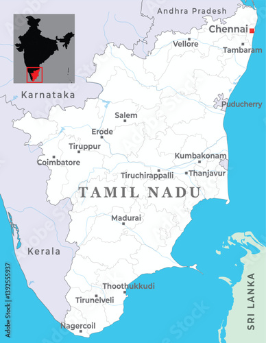 Tamil Nadu district map is a state of India, marked with neighbour state