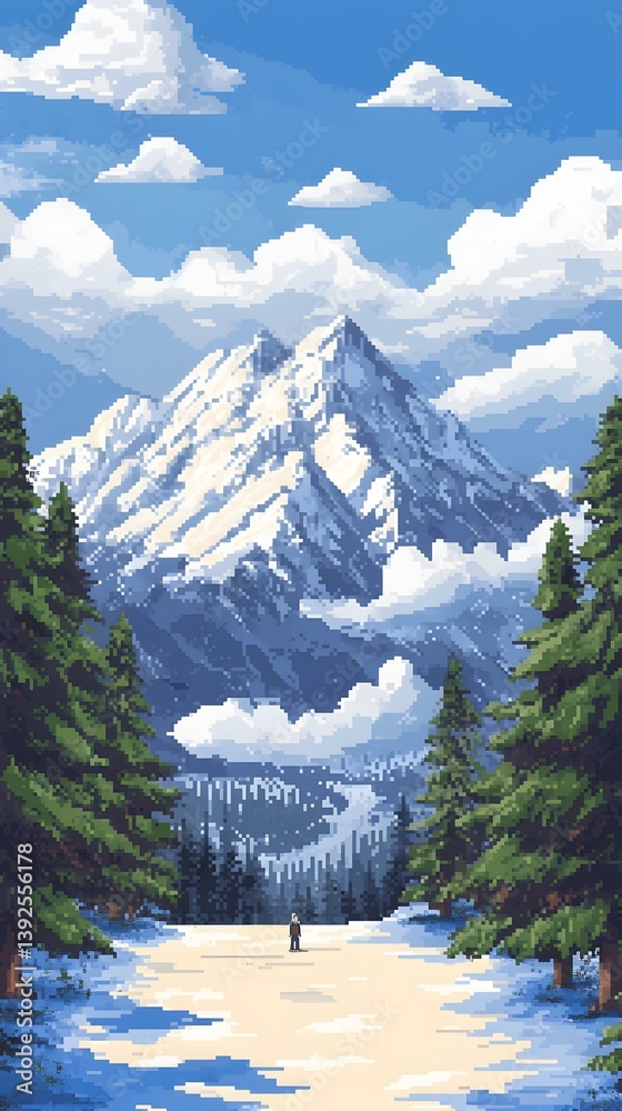 Fototapeta premium Pixel art depicting a lone figure admiring a majestic snow-capped mountain under a vibrant blue sky.