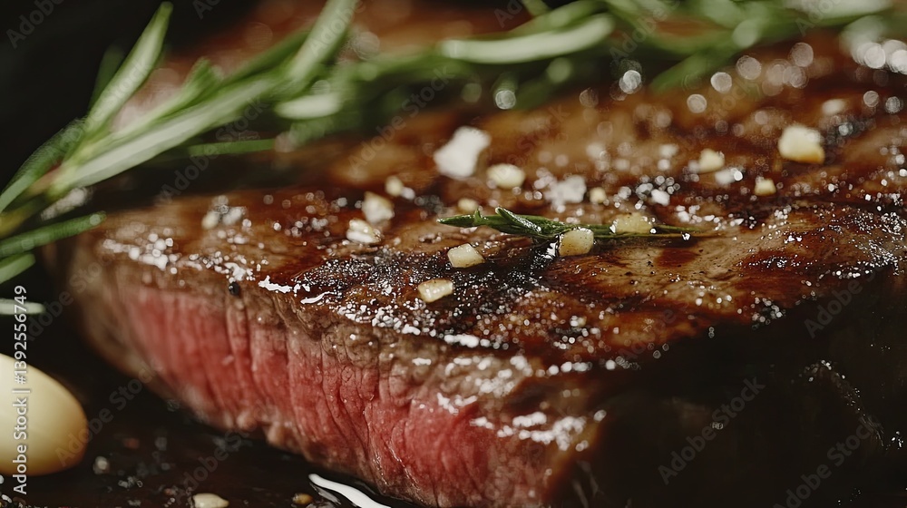 A close-up of a perfectly seared steak with grill marks, rosemary, and garlic pic A close-up of a perfectly seared steak with grill marks, rosemary, and garlic pic