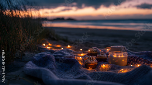 A dreamy beach picnic with fairy lights, a cheese platter, and a chilled bottle of champagne under the starry sky.