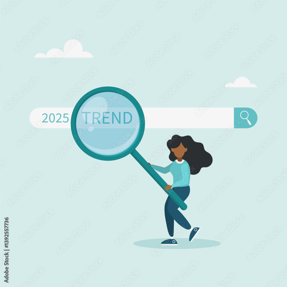 Character using magnifying glass to discover website. Researching 2025 trends, vision of new business or career opportunity. Vector illustration. Character using magnifying glass to discover website. Researching 2025 trends, vision of new business or career opportunity. Vector illustration.