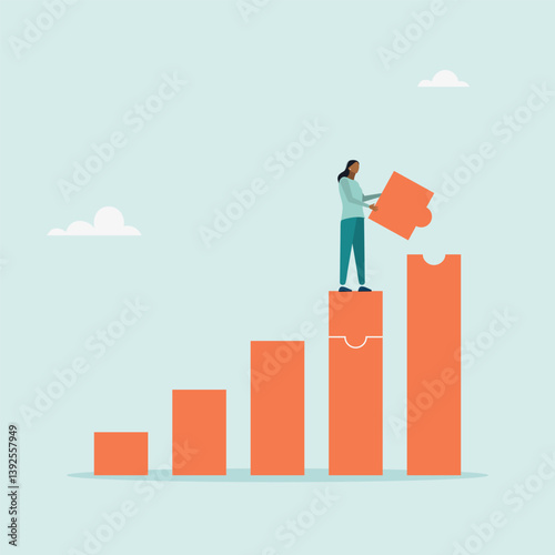 Business concepts character creates target sales with puzzle. Business work about sales profit related to hard work. Vector illustration.	
