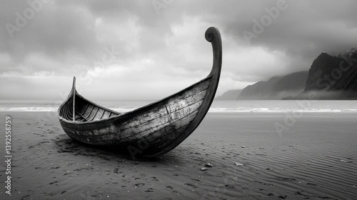 Weathered Wooden Boat on Sandy Beach Under Dramatic Sky