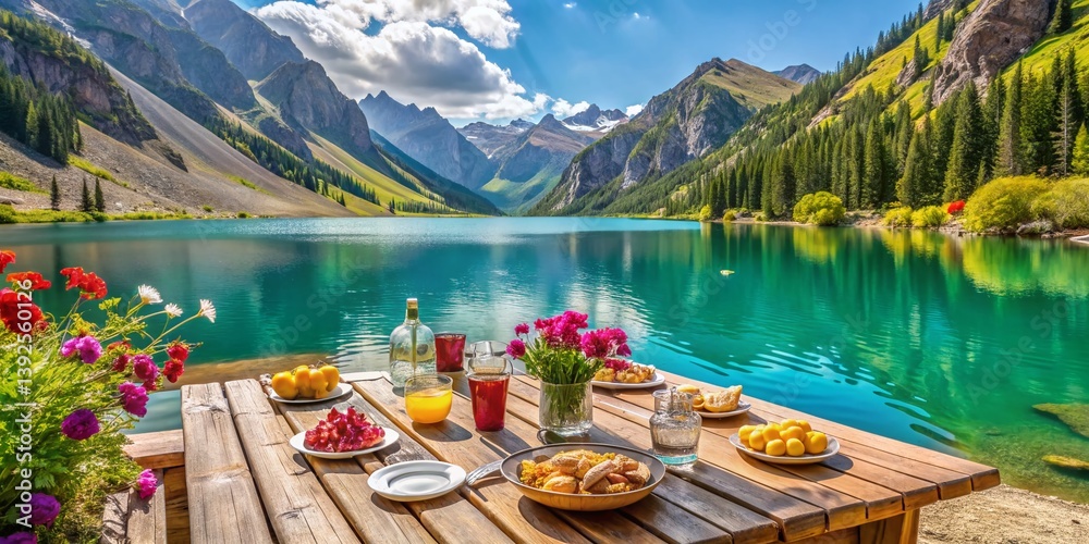 Stunning Kyrgyz Karasuu Lake Turquoise Waters Reflecting Majestic Mountains Ideal for a Mountain Picnic Lunch
