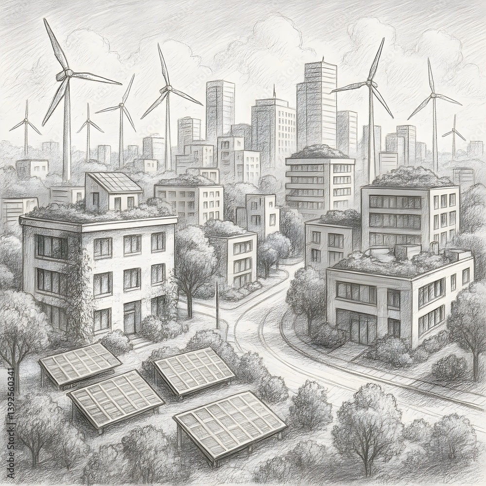 A hand-drawn sketch portraying a futuristic sustainable city featuring wind turbines, solar panels, and green rooftops A hand-drawn sketch portraying a futuristic sustainable city featuring wind turbines, solar panels, and green rooftops
