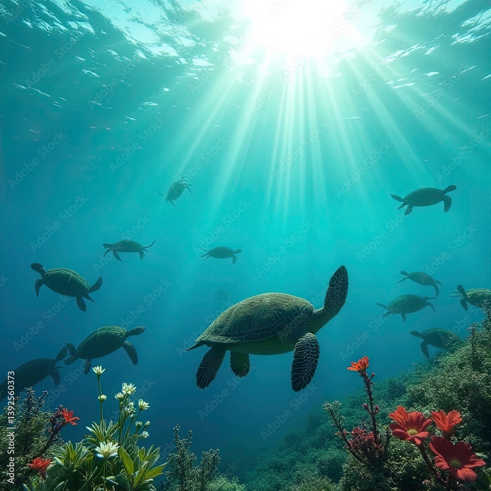 Obraz premium Sea turtle swims in ocean through coral reef with marine wildlife. Tropical underwater ecosystem with blue water, sunlight.