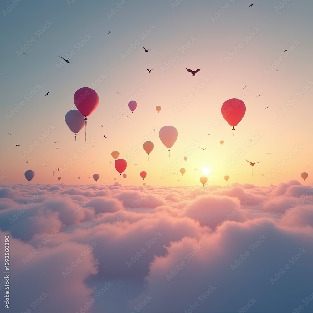 Fototapeta premium Mesmerizing Hot Air Balloons and simple Balloons Soaring Over Breathtaking Snowy Alpine Landscape at Vibrant Sunset