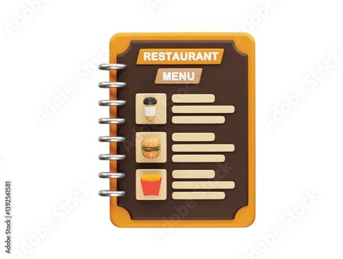 Restaurant Menu with Coffee, Burger, and Fries icon 3d rendering illustration
