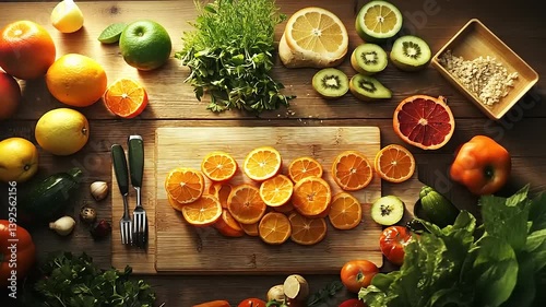Freshly sliced oranges on a wooden cutting board surrounded by vibrant vegetables and fruits