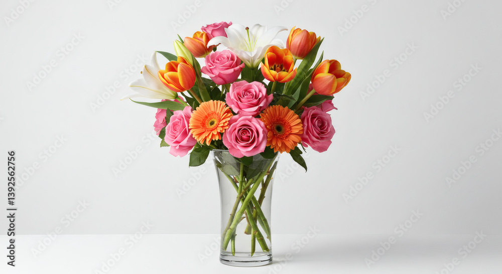 Fototapeta premium Vibrant Spring Bouquet Roses, Tulips, Lilies & Gerbera Daisies in a Glass Vase
