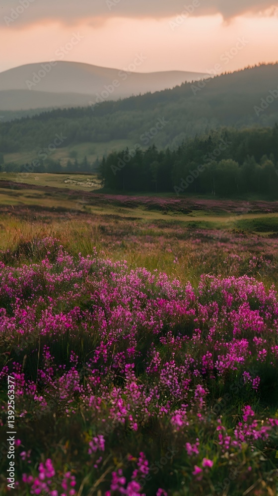 Obraz premium Serene sunset landscape with vibrant purple wildflowers blooming in a field, hills and forest in the background.