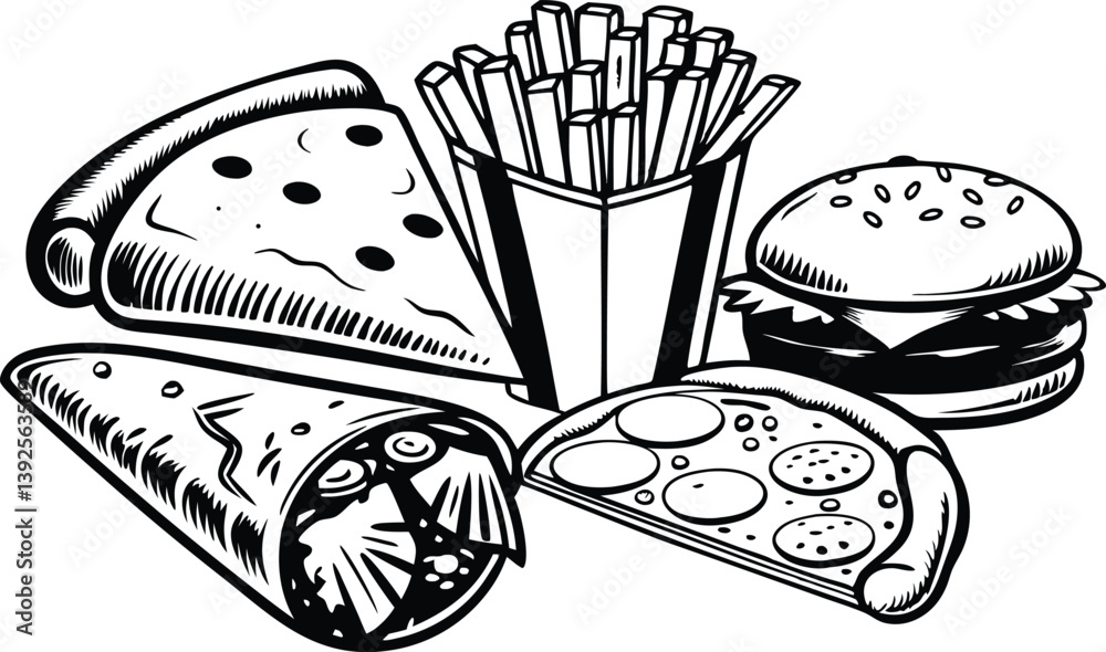 Delicious Fast Food Pizza, Burger, Fries, Burrito Combo Delicious Fast Food Pizza, Burger, Fries, Burrito Combo