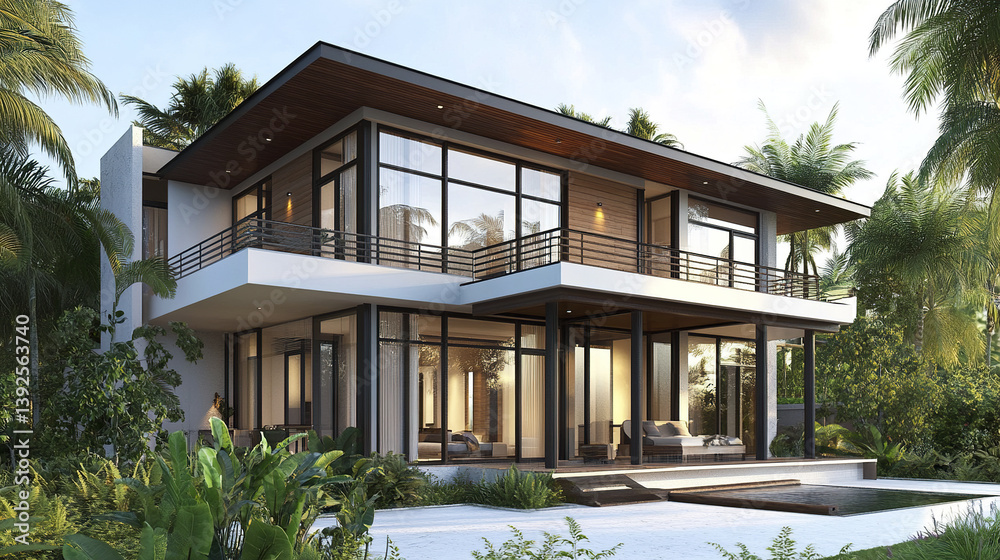 Modern two story house with large windows and pool surrounded by lush greenery Modern two story house with large windows and pool surrounded by lush greenery