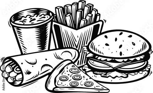 Fast Food Feast Burger, Fries, Pizza, Wrap, and Soda