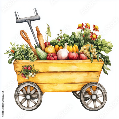 Yellow Garden Vegetable Cart Watercolor Clipart Illustration Generative AI