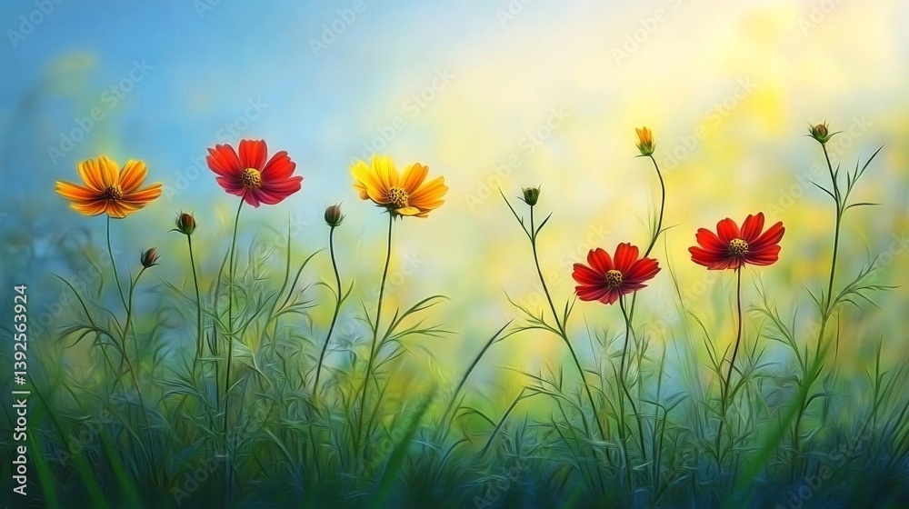Fototapeta premium Red, Yellow, and Orange Wildflowers in a Meadow: A Serene Nature Painting