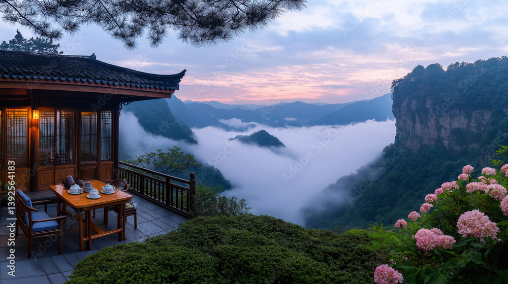 Fototapeta premium Serene Vista: Captivating the ethereal beauty of a secluded pavilion overlooking a sea of clouds at dawn, blending architectural grace with nature's artistry, and evoking a sense of peace.