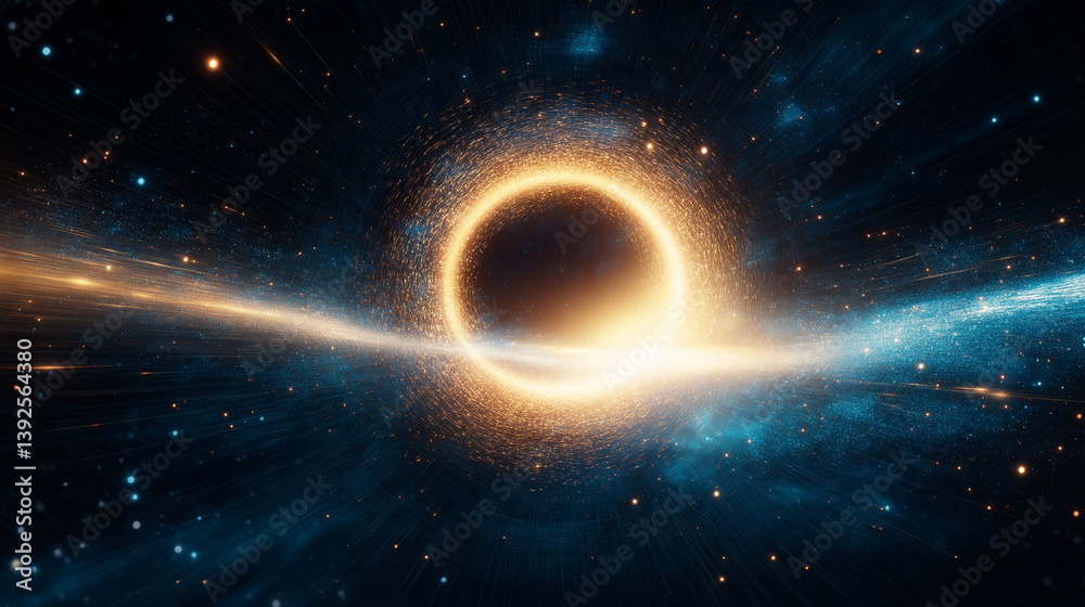Naklejka premium Celestial Abyss: An awe-inspiring view of a black hole, an area where gravity pulls so much that even light cannot escape. The image illustrates the cosmic void.