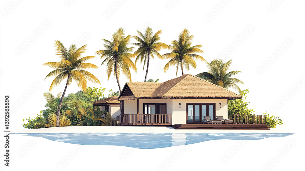 Fototapeta premium Tropical resort style house with palm trees on white background