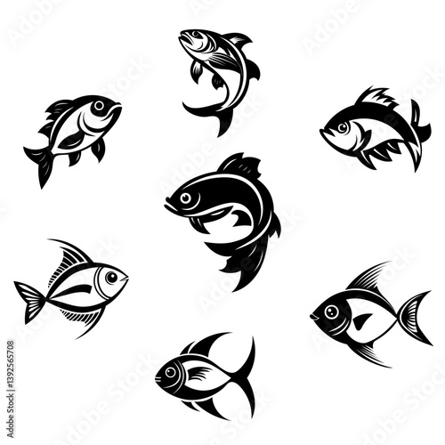 Set of Black Silhouette Fishes Isolated on White Background Vector Illustration