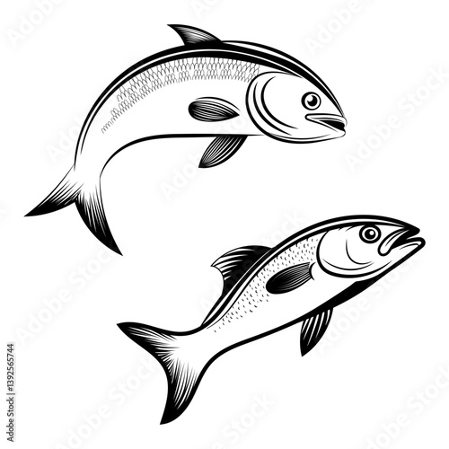Set of Black Silhouette Fishes Isolated on White Background Vector Illustration