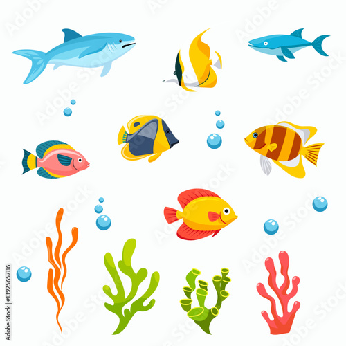 Set of Colorful Fishes, Corals and Bubbles