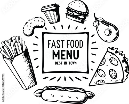 Delicious Fast Food Menu Burgers, Fries, Pizza, Hot Dog