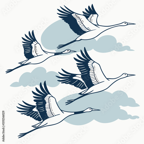 A stunning vector illustration of a V-shaped flock of migratory cranes flying gracefully across the sky, symbolizing unity and migration