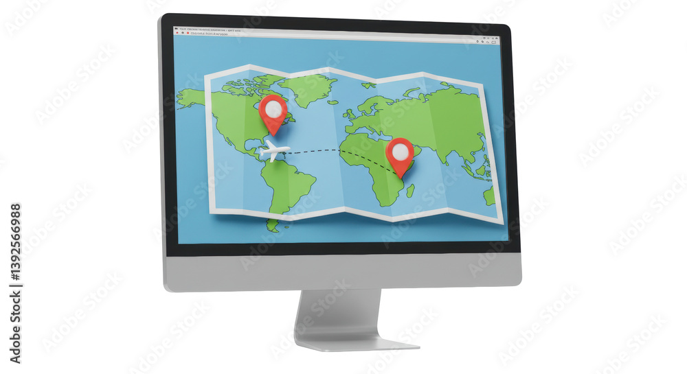Isolated Computer Monitor Displaying World Map with Location Pins Isolated Computer Monitor Displaying World Map with Location Pins