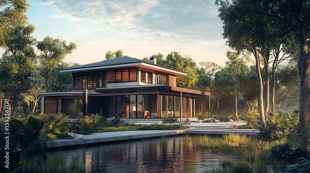 Modern lake house nestled in serene forest warm sunset glow large windows tranquil pond reflection Modern lake house nestled in serene forest warm sunset glow large windows tranquil pond reflection