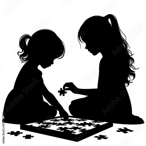 Girls solving puzzle silhouette vector