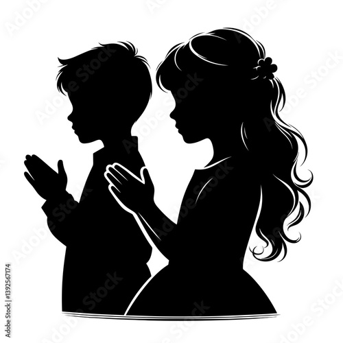 Boy and girl praying silhouette vector