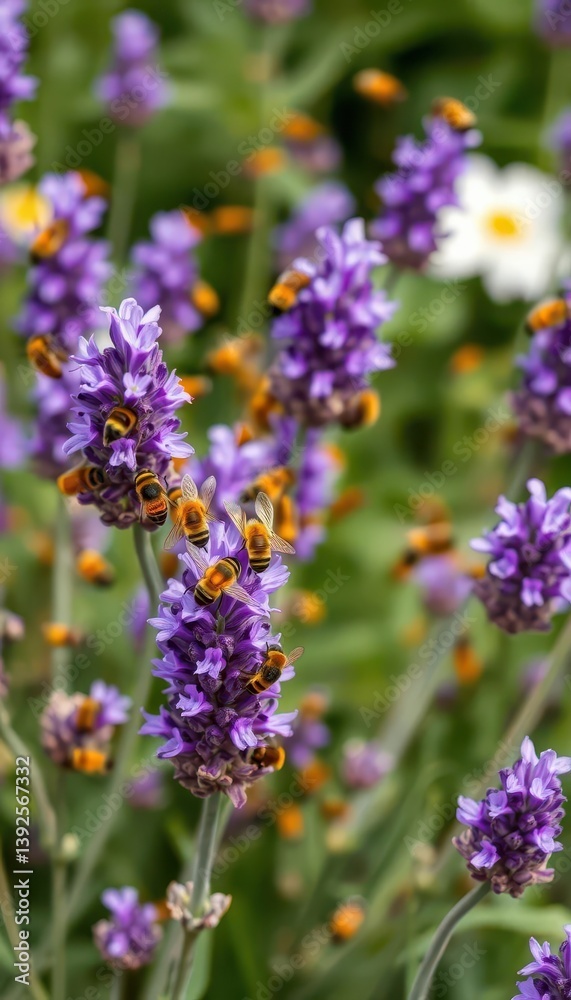 Obraz premium Busy bees swarming vibrant purple lavender, surrounded by beeswax honeycomb and other garden insects, Apidae, purple, meadow