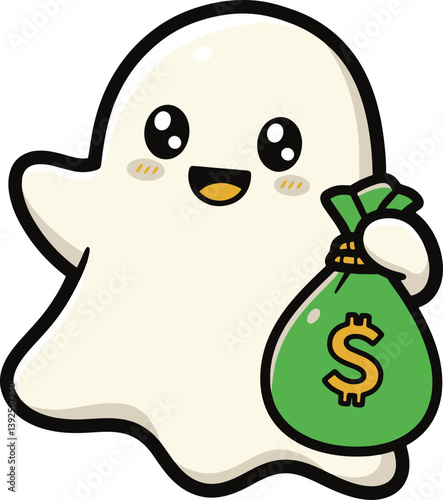 Qute cartoon ghost cartoon holding money bag illustration vector graphic art