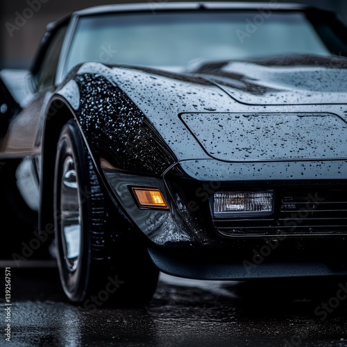 Black Classic Sports Car in the Rain – Moody Wet Asphalt Reflections